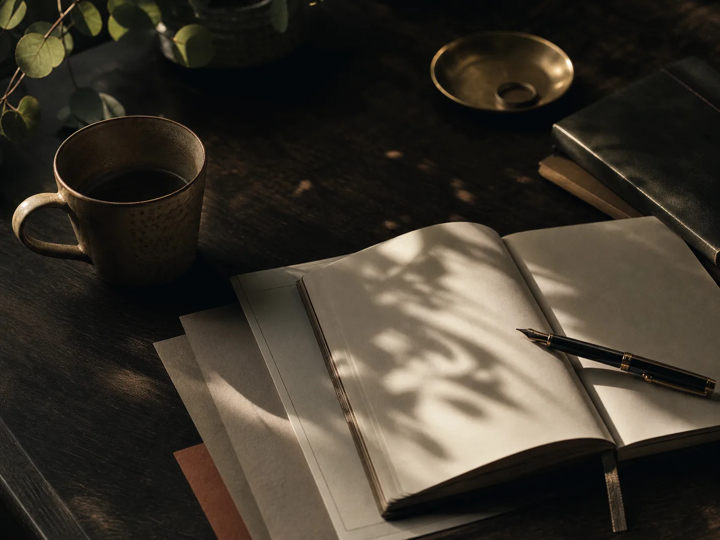 An open planning notebook with a fountain pen, coffee, and a brass dish on a warm wooden desk