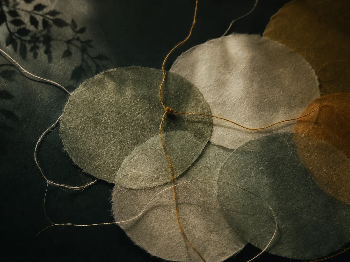 Translucent sage, cream, and gold paper circles joined by a knotted gold thread